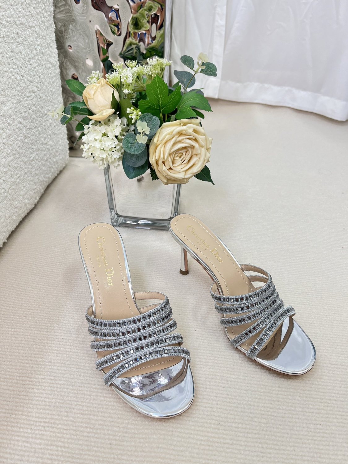 CD Gem High Heel Fashion Sandals Slippers Women's Spring And Summer Black Silver Gold 8cm Leather Shoes Heel Fashion Temperament Sexy High Heel Shoes #81416