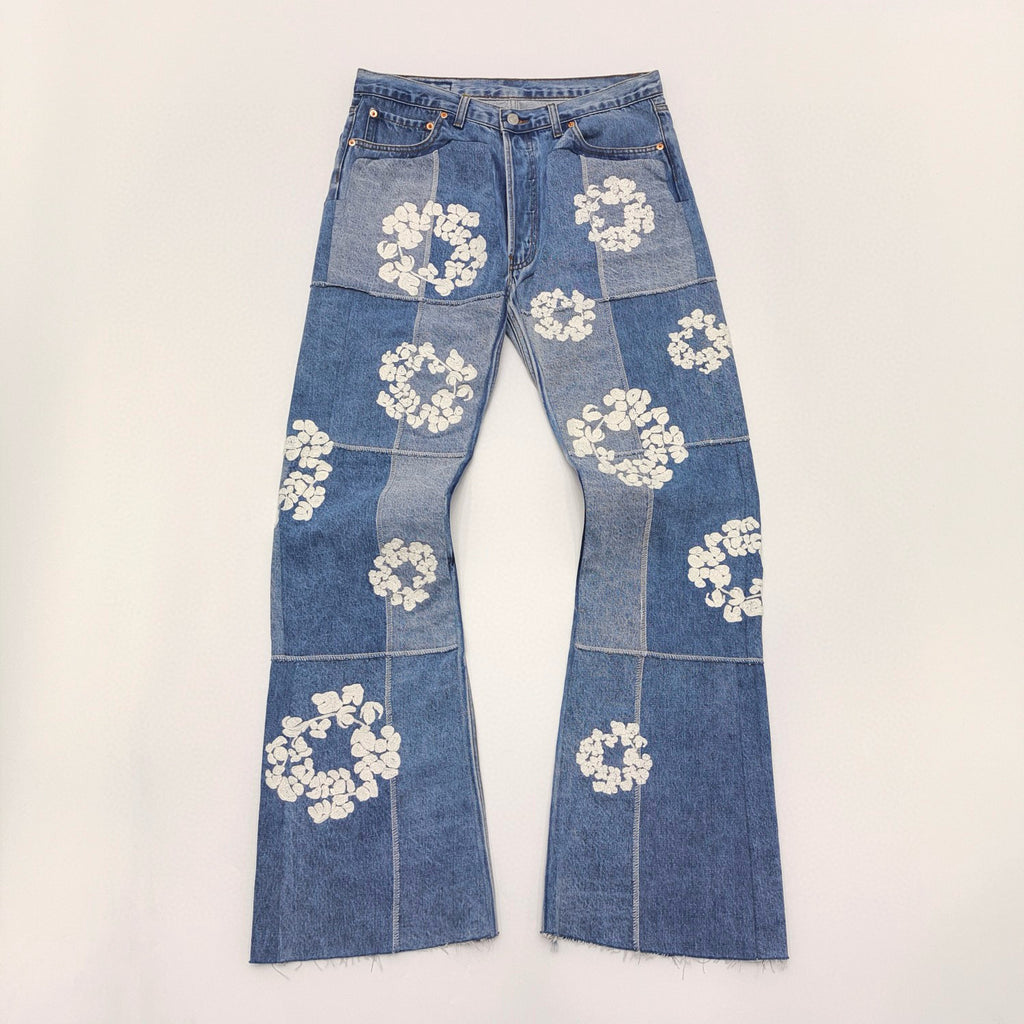 Denim Tears x Readymade Men's Women's Washed And Aged Floral Embroidery Patchwork Fitted Wide Leg Blue Denim Pants Ngvp #8138