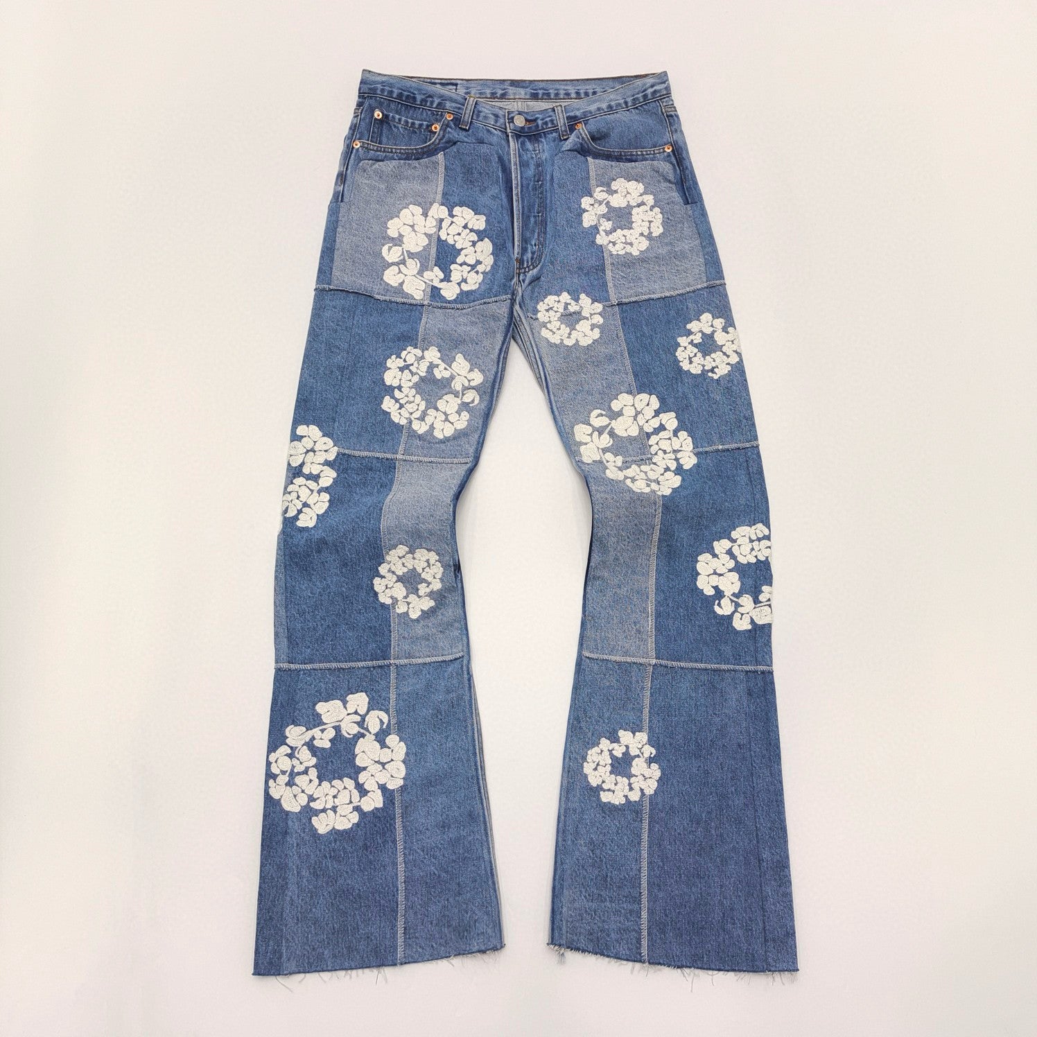 Denim Tears x Readymade Men's Women's Washed And Aged Floral Embroidery Patchwork Fitted Wide Leg Blue Denim Pants Ngvp #8138