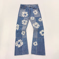 Denim Tears x Readymade Men's Women's Washed And Aged Floral Embroidery Patchwork Fitted Wide Leg Blue Denim Pants Ngvp #8138