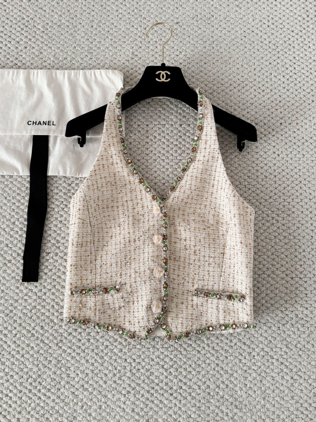 UK Mi Luxury Fashion 26SS Beaded Tweed Halter Vest Top Jacket Skirt Set Suit #194254