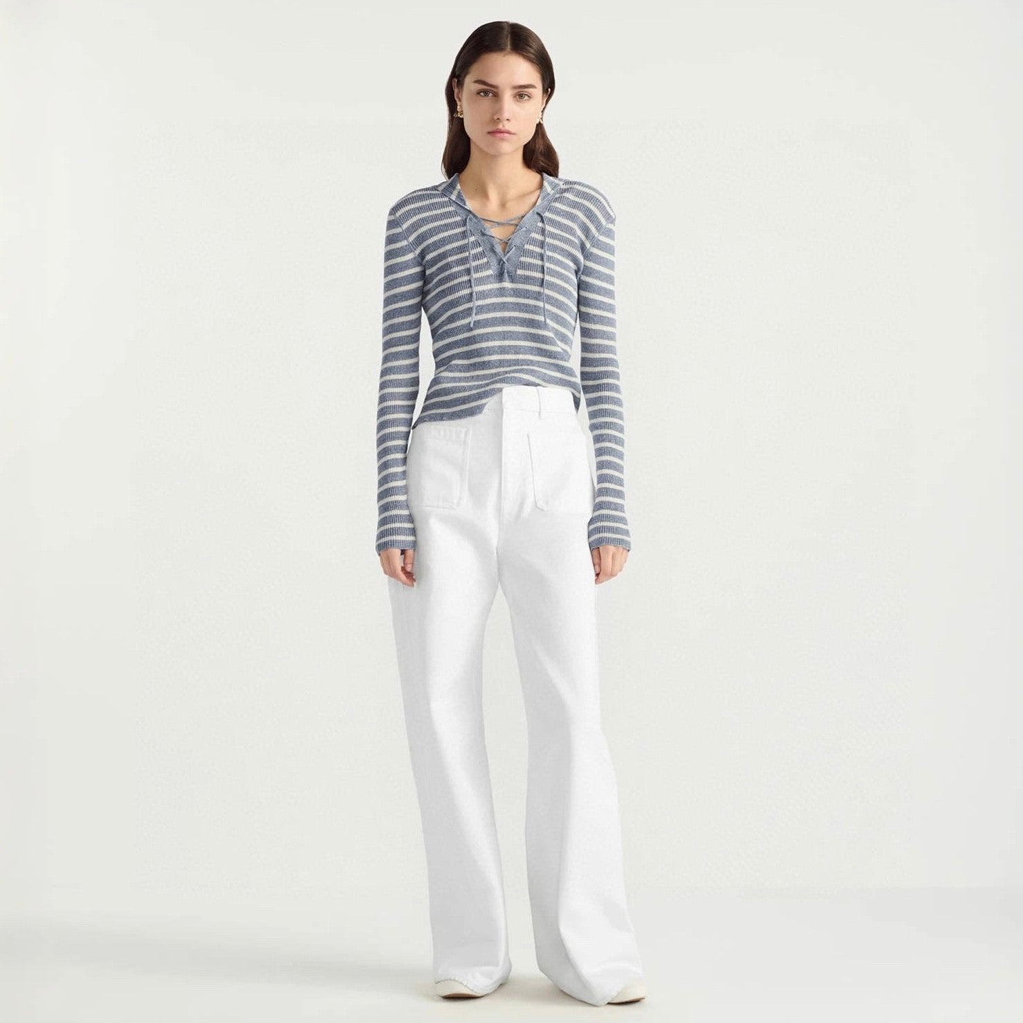 Women's Summer Solid Color Striped Print Tie-Up V-Neck Long Sleeve Stretch Knit Sweater Top #77768