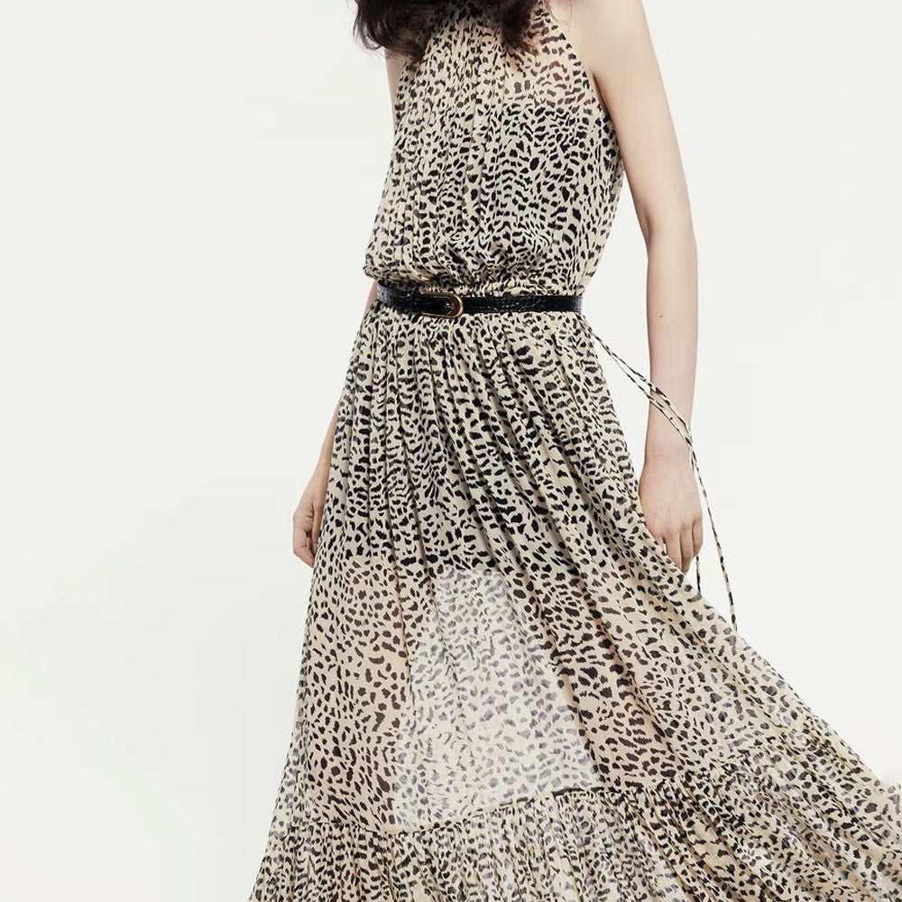 Women's Summer Round Neck Pullover Silk Fit Sleeveless Leopard Print Long Dresses #71631