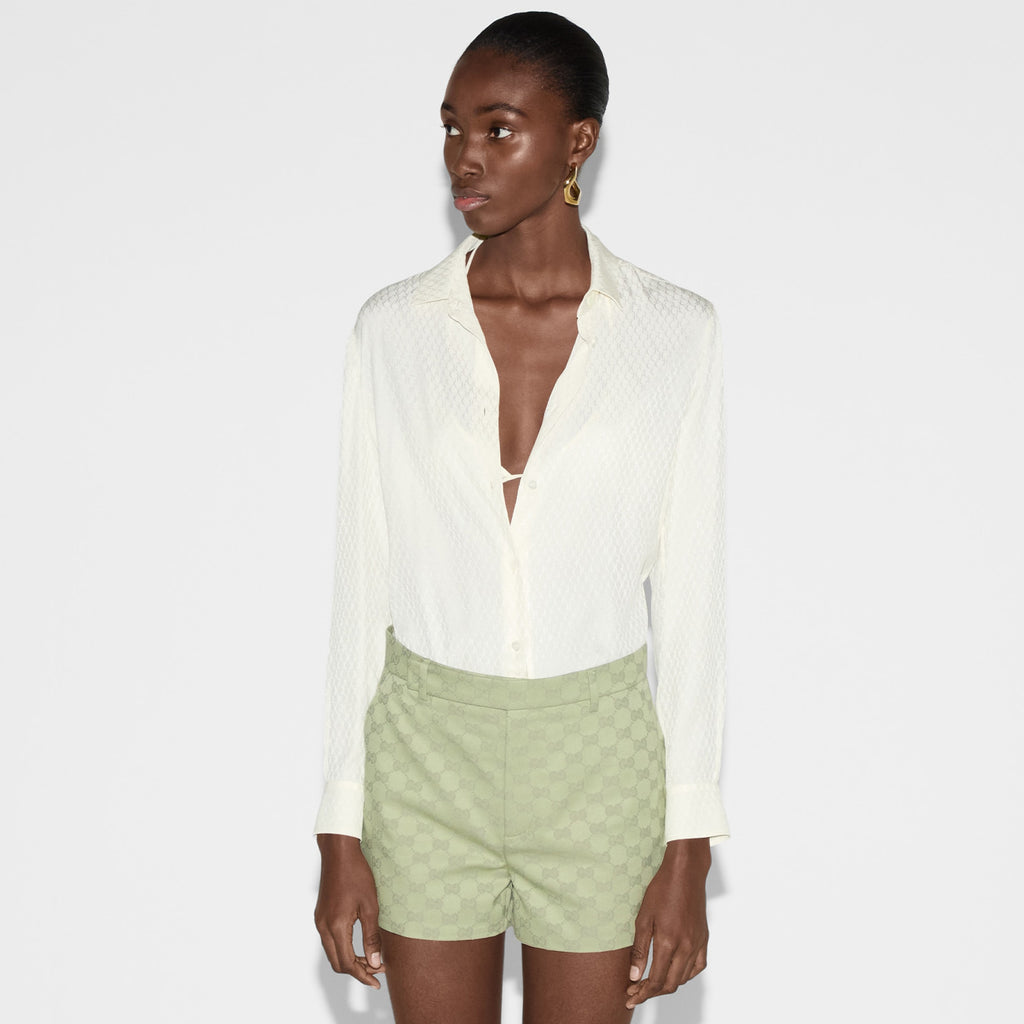 Women's Summer Solid Color Logo Jacquard Full Print Single Breasted Long Sleeve Shirt #72373