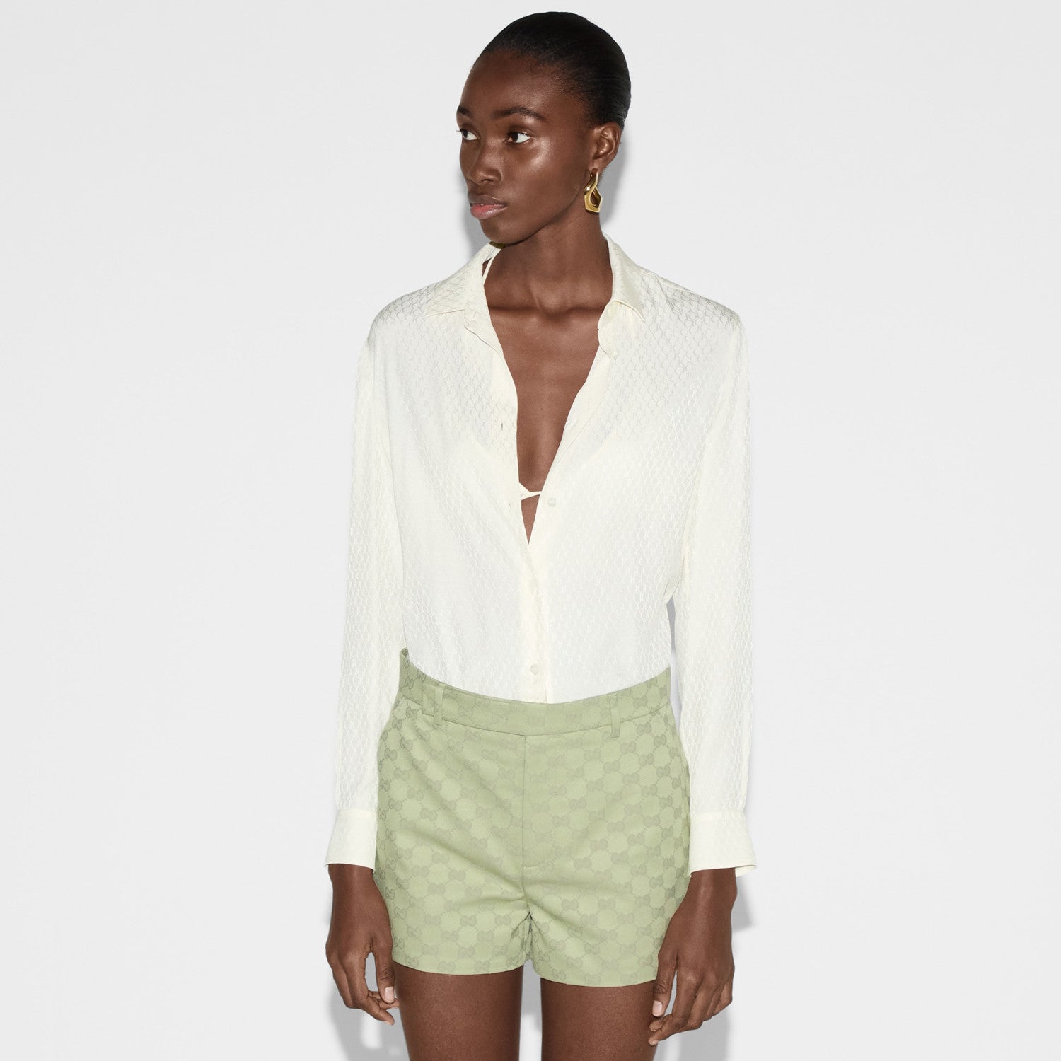 Women's Summer Solid Color Logo Jacquard Full Print Single Breasted Long Sleeve Shirt #72373