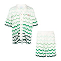 Men's Summer Wave Stripe Single Breasted Knit Short Sleeve Shirt Cotton Shorts Pants Suit Set #98831