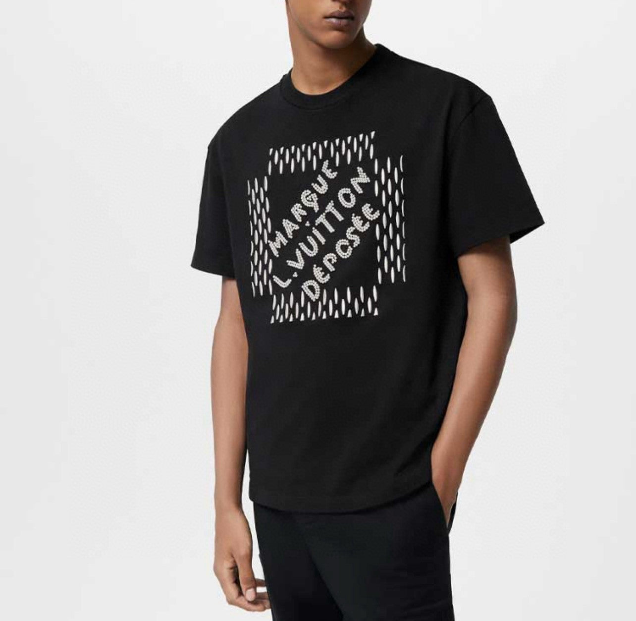 Men's Summer Beaded Embroidered Logo Black Round Neck Cotton Short Sleeve T-Shirt #98411