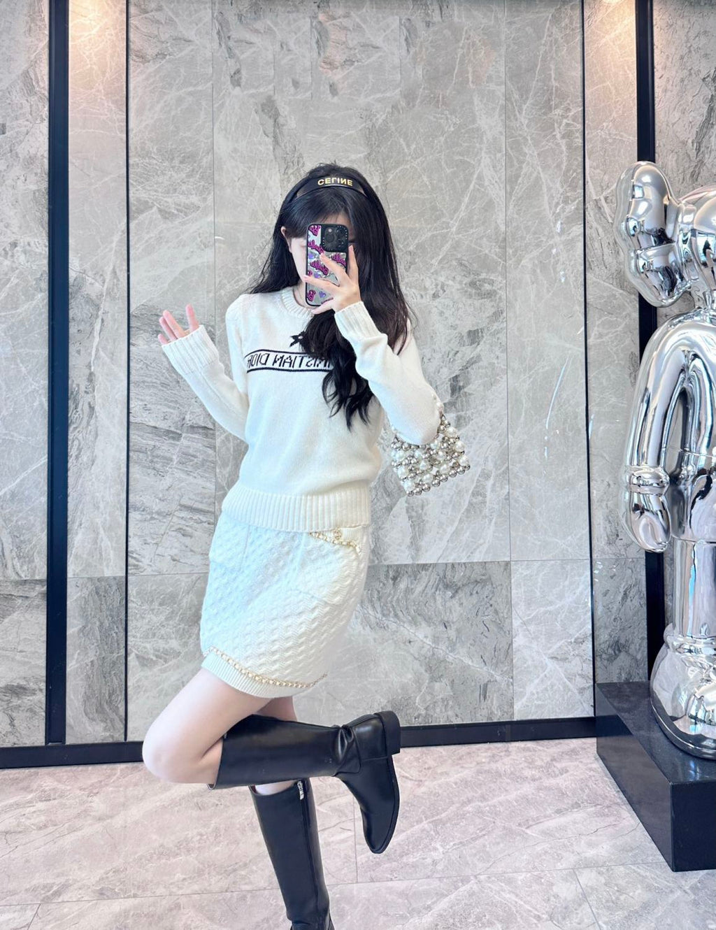 Women's Autumn And Winter Jacquard Knit Sweater Gray Pink 100% Cashmere Fabric With Logo Round Neck Long Sleeve Pullover Knitted Sweater #71784