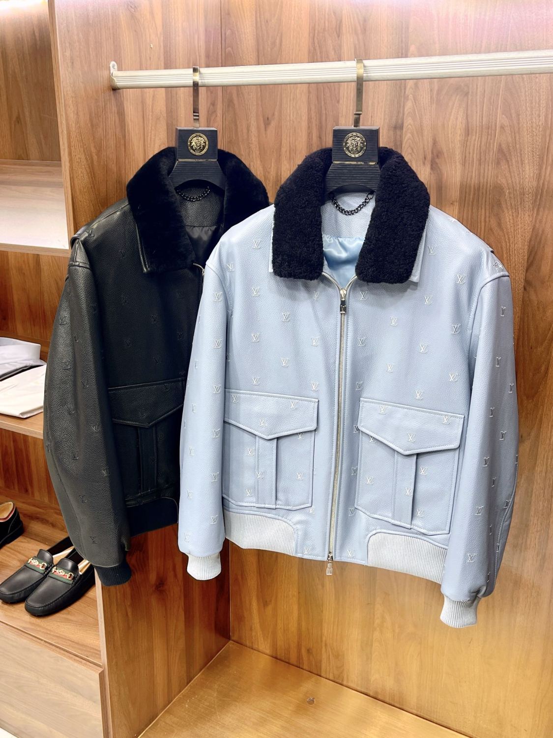 Men's Fall/winter Pilot Drawstring Jacket Solid Color Logo Jacquard Hair Collar Colorblocking Leather Jacket #71553