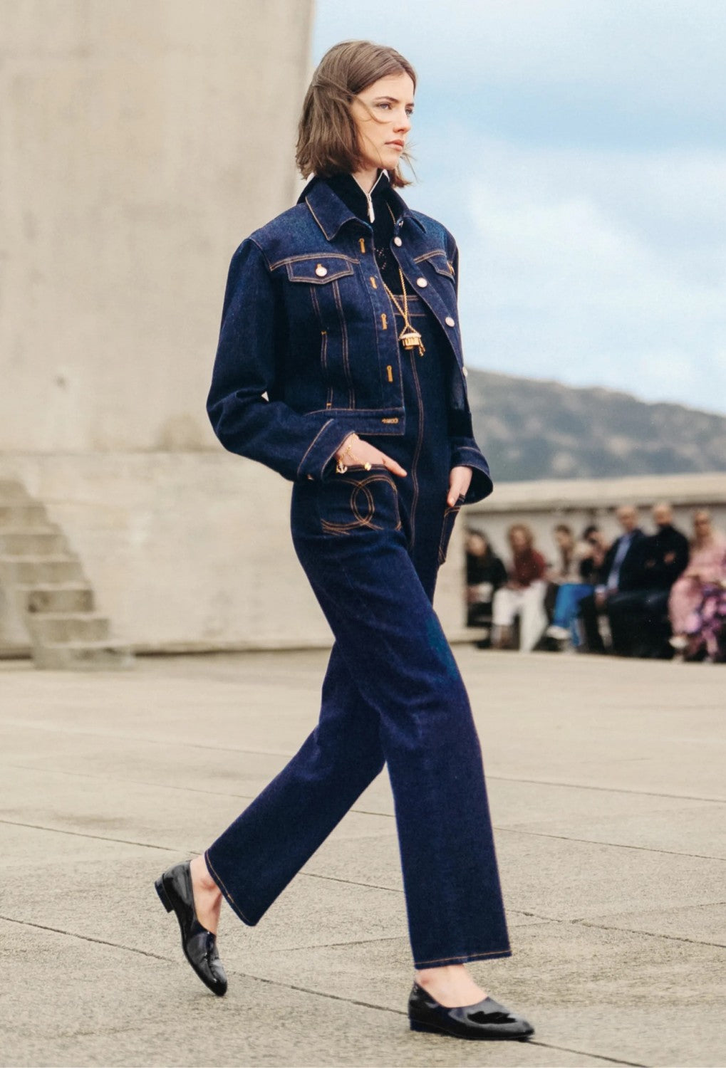 Women's Spring and Autumn Blue Double C Embroidered Pocket Straight Jeans Bib Pants #74778