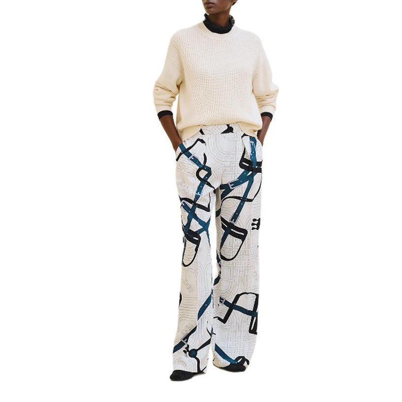 Women's Pattern Full Print Silk Mid-Rise Straight Leg Solid Color Casual Pants Ngvp #9635