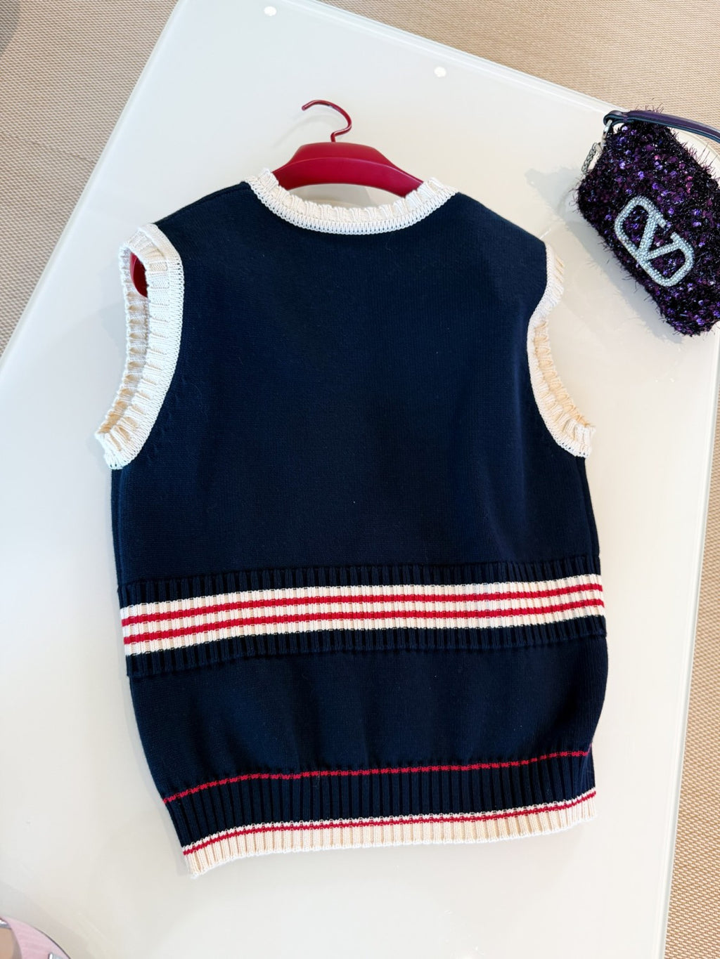 Women's Summer V-Neck College Style Cherry Embroidery Cotton Knit Sleeveless Solid Color Straight Tank Top Vest Ngvp #1959