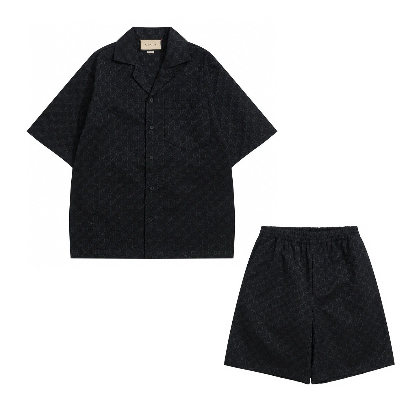 Men's Summer Black Full Printed Linen Short Sleeve Lapel Cotton Shirt Stretch Shorts Suit Set #98562