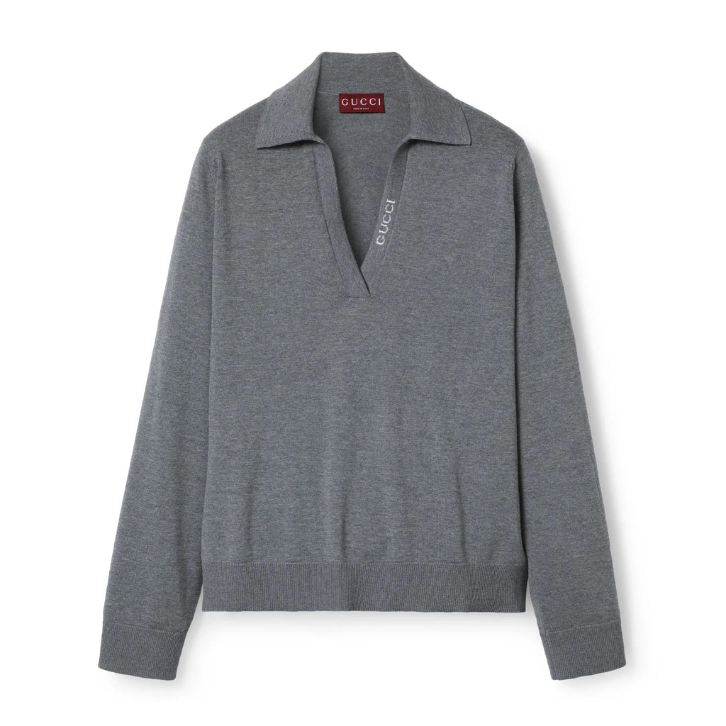 Women's Spring and Autumn Gray Letter V-Neck Loose Wool Long Sleeve Sweater #72845