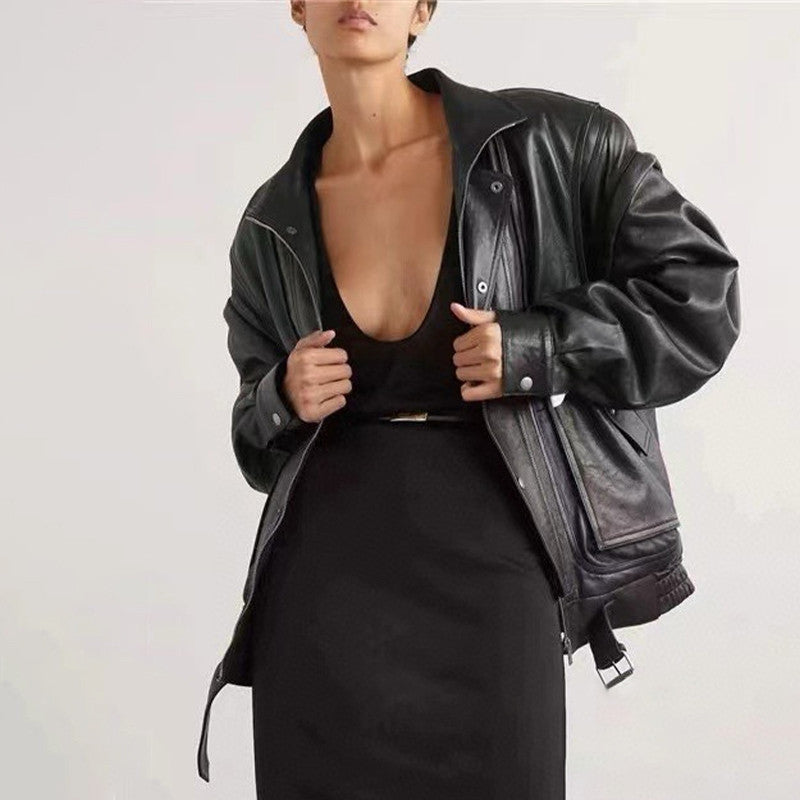 Women's Spring And Autumn Fashion Standing Collar Detachable Sleeves Black Oversized Lambskin Jacket Ngvp #8132
