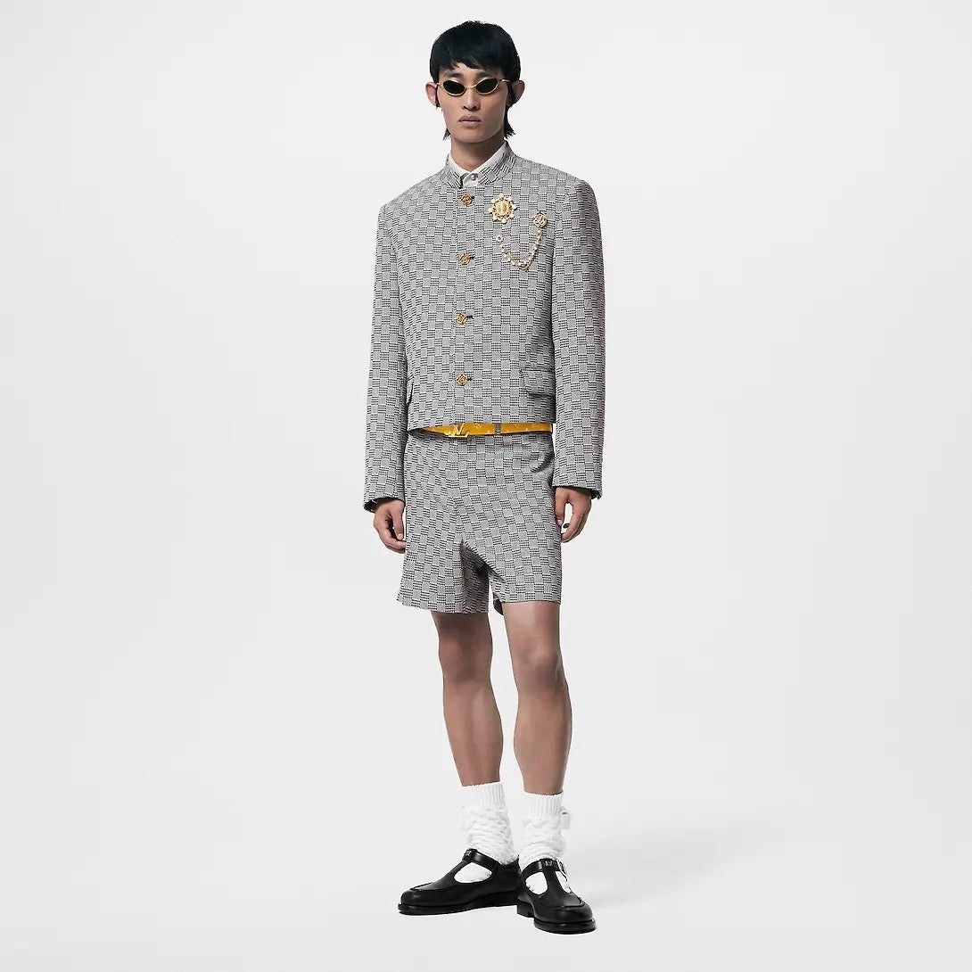 Men's Summer Solid Color DAMIER Bird Plaid Jacquard Slim Fit Cotton Wool Fashion Casual Suit Shorts Ngvp #8269