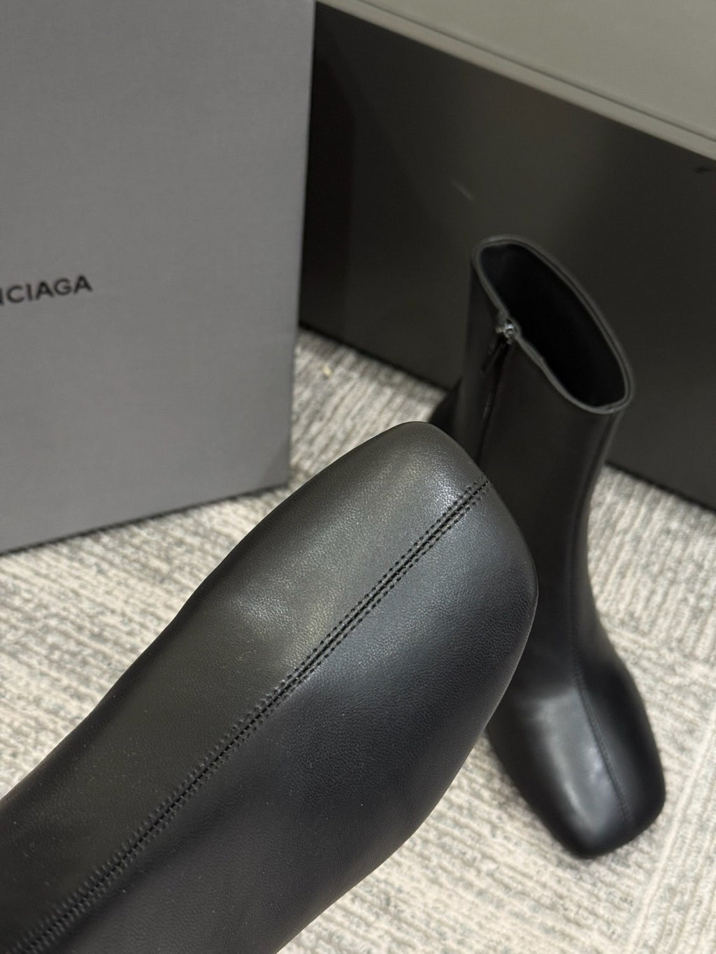 B DUTY FREE Women's Solid Color Letter Print Cowhide Square Toe Chunky Heel Short Boots Shoes #77869