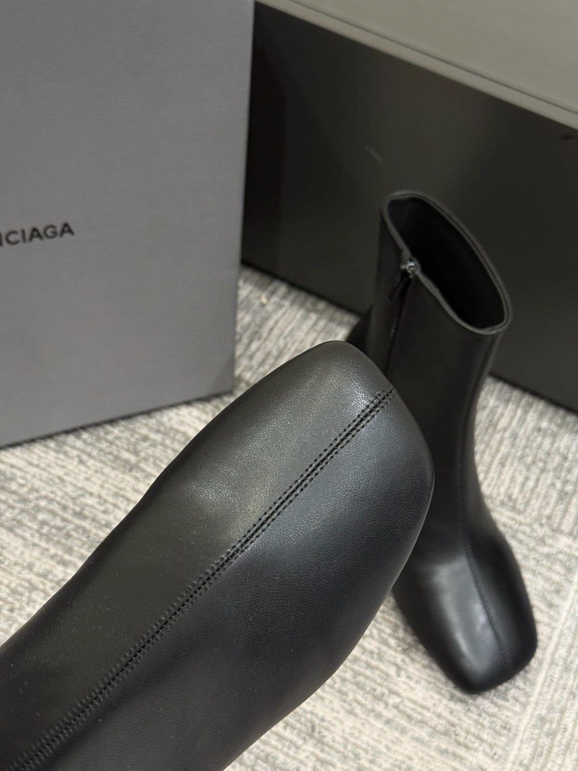 B DUTY FREE Women's Solid Color Letter Print Cowhide Square Toe Chunky Heel Short Boots Shoes #77869