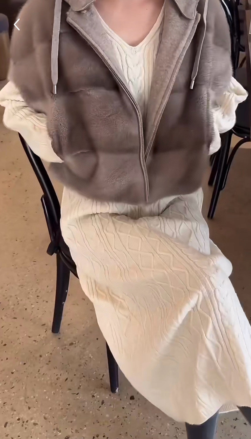 Women's Fall/Winter Wool Cashmere Knit Solid Color Zipper Drawstring Full-Length Mink Hooded Vest Ngvp #2518