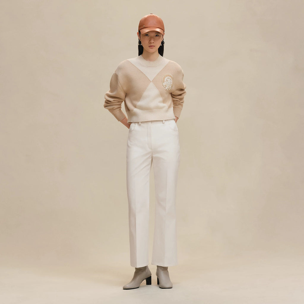 Women's Badge Embroidered Spring. Autumn. And Winter Color-Blocked Round Neck Knitted Cotton Long Sleeve Sweater Ngvp #2134