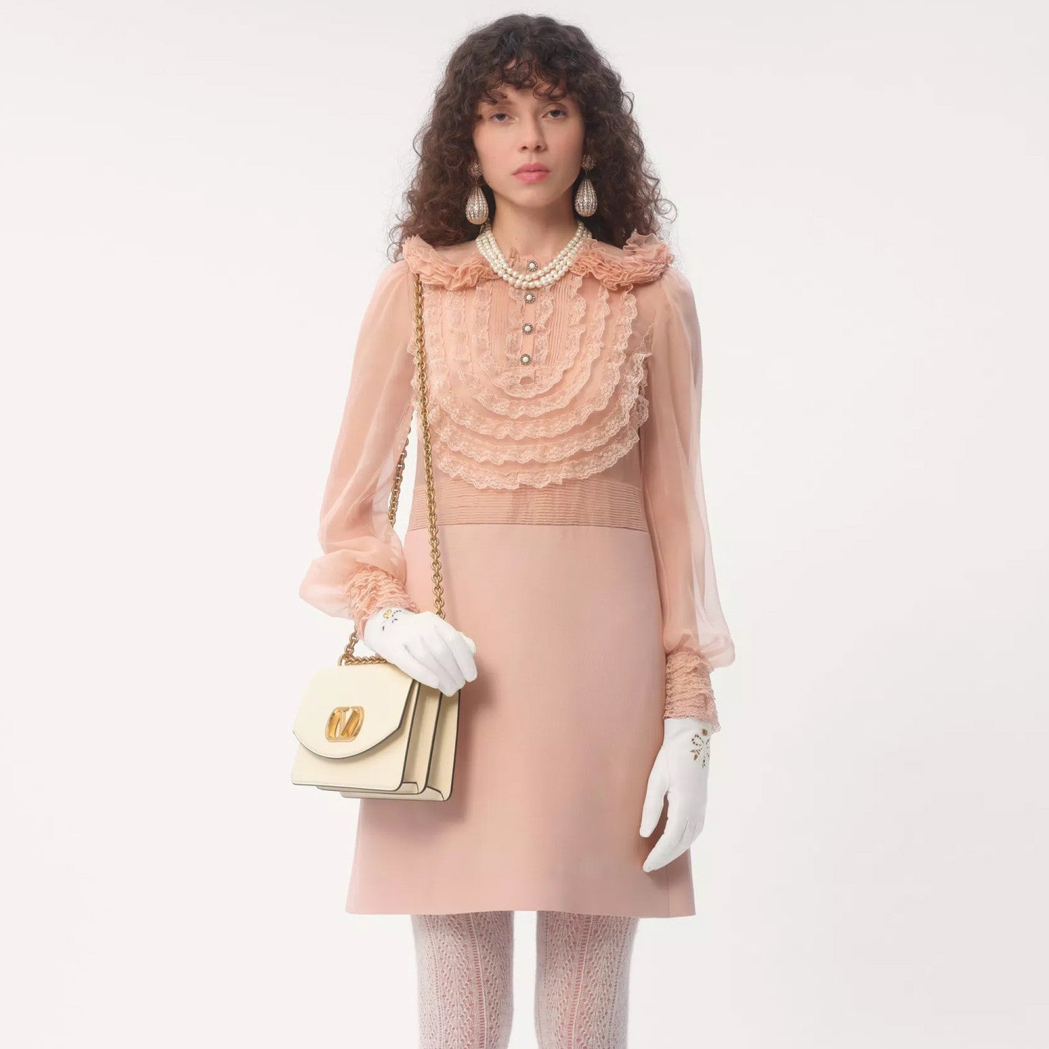 Women's Spring And Summer Embroidered Crepe Couture Round Neck Solid Color Lace A-Line Short Long-Sleeved Silk Dresses Ngvp #9815