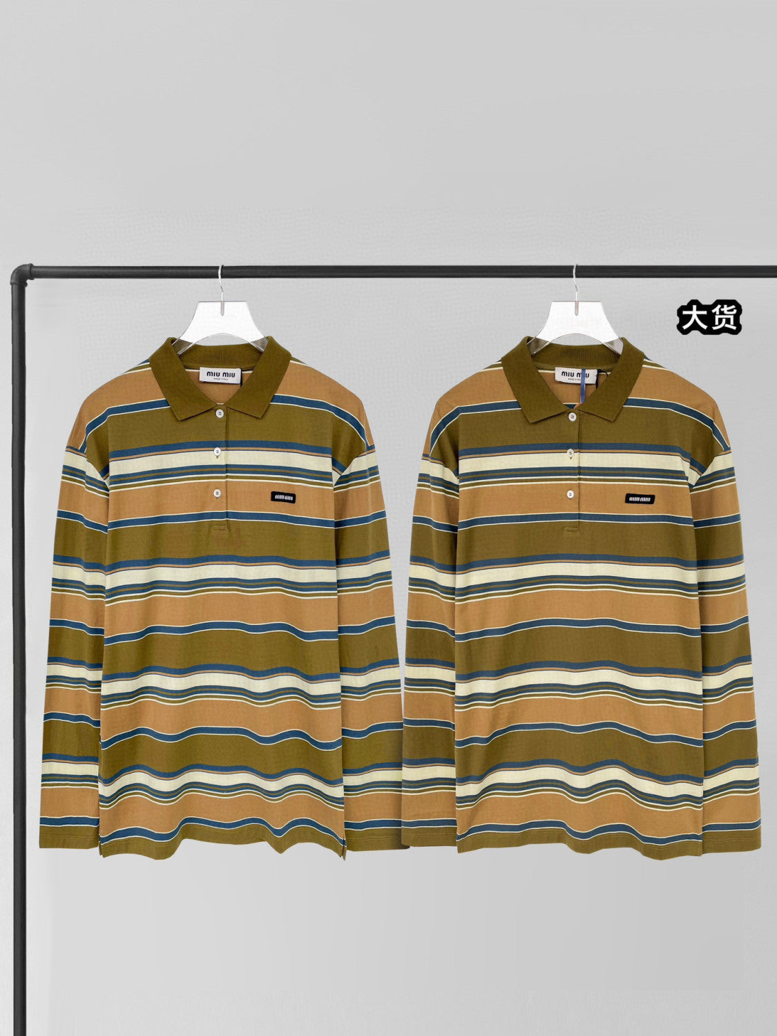 Women's Spring and Autumn Striped Buttoned Plain Knit Pullover Long Sleeve Polo Shirt #74141