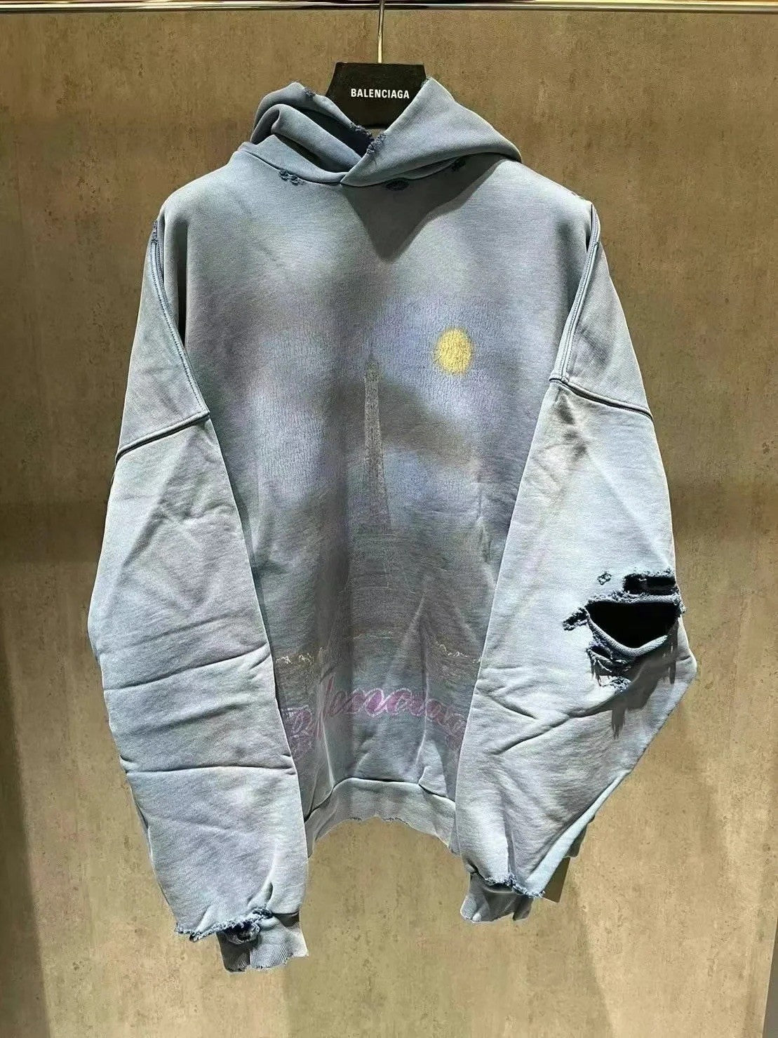 Paris Moon Hoodie Gradient Tattered Big Silhouette Hooded Sweatshirt Pullover #98462