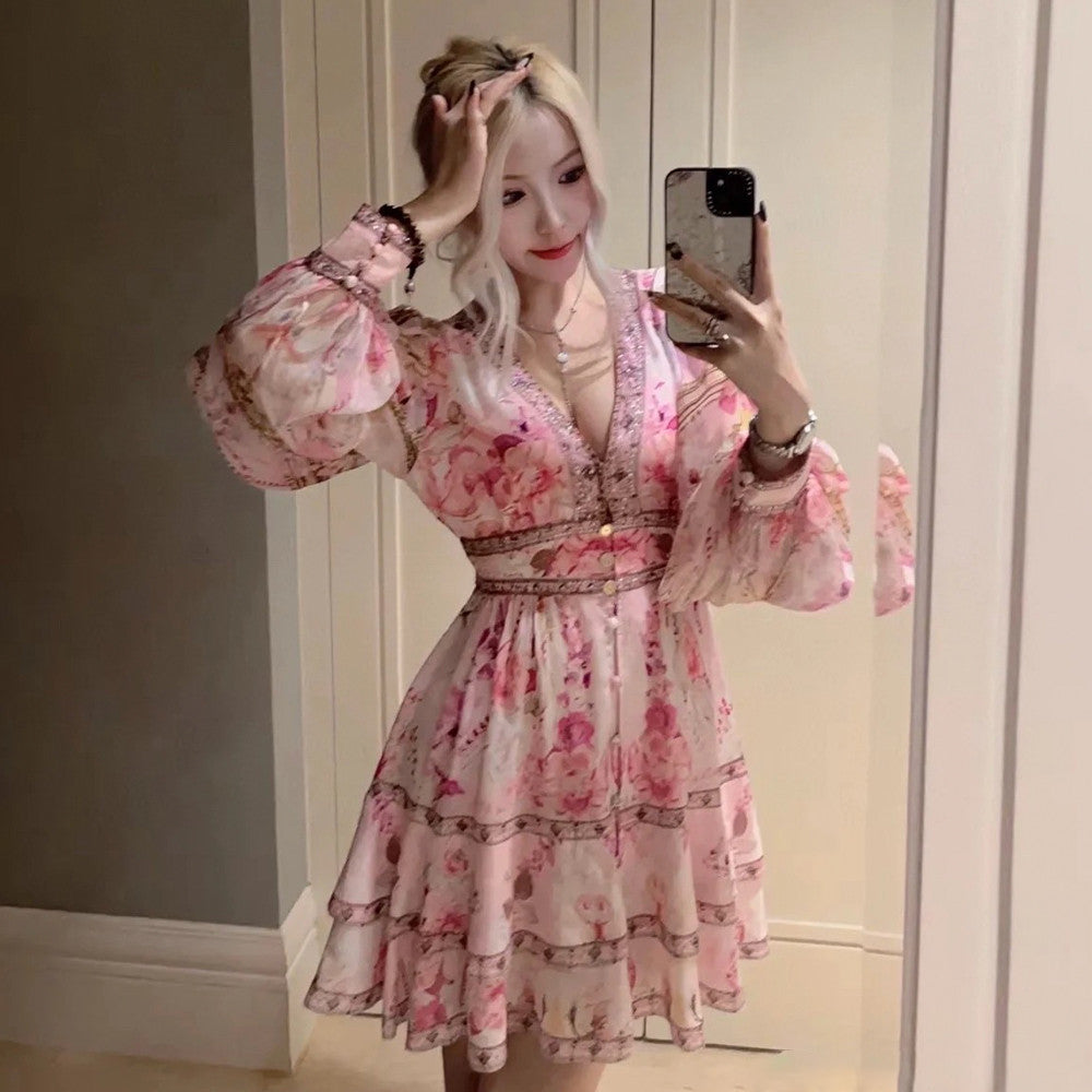 Camilla Women's Summer Pink Floral Printed V-Neck Rhinestone Embellished Silk Loose Long Sleeve Dress Ngvp #8824