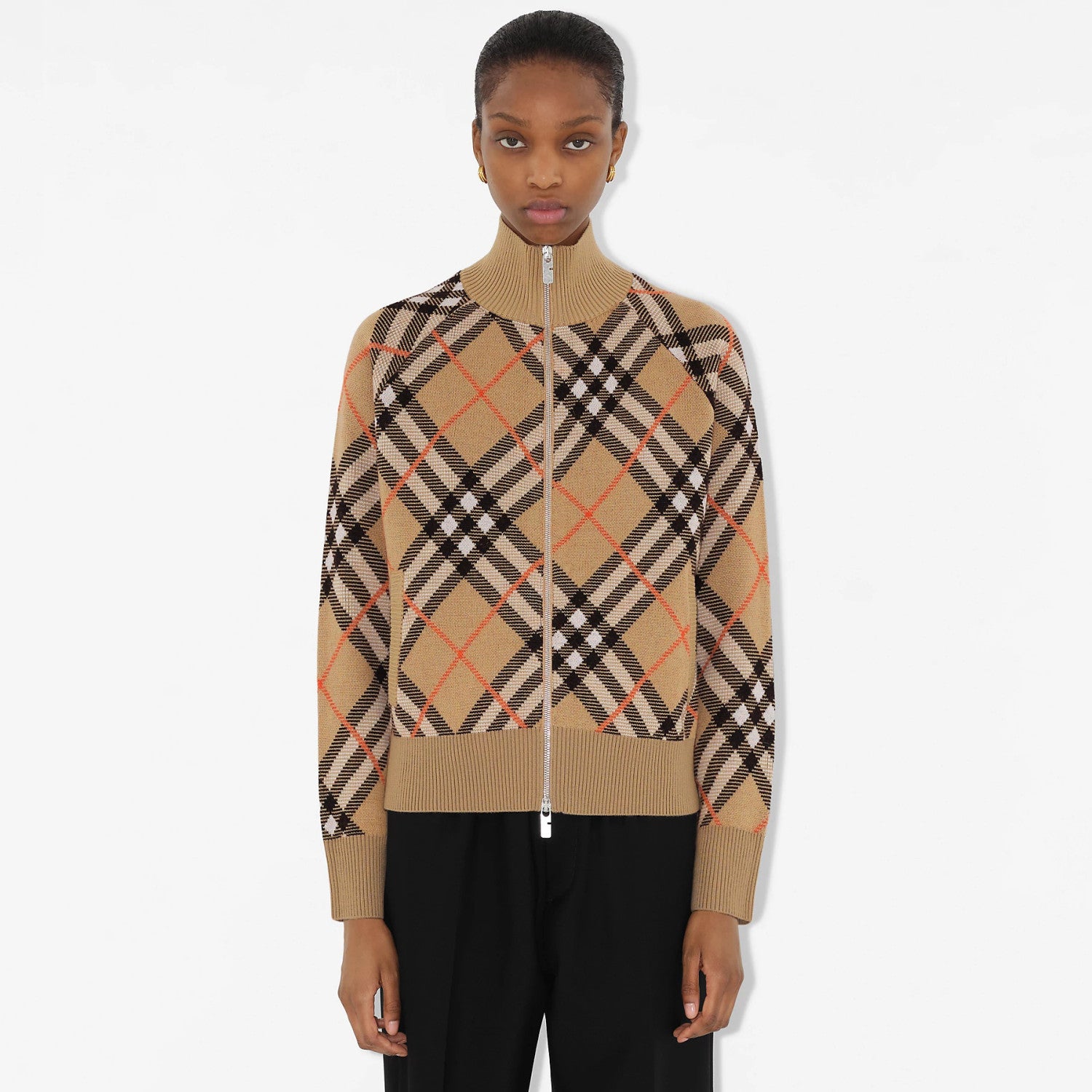 Women's Spring and Autumn Colorblocking Striped Checkered Zipper Long Sleeve Knit Jacket #72823