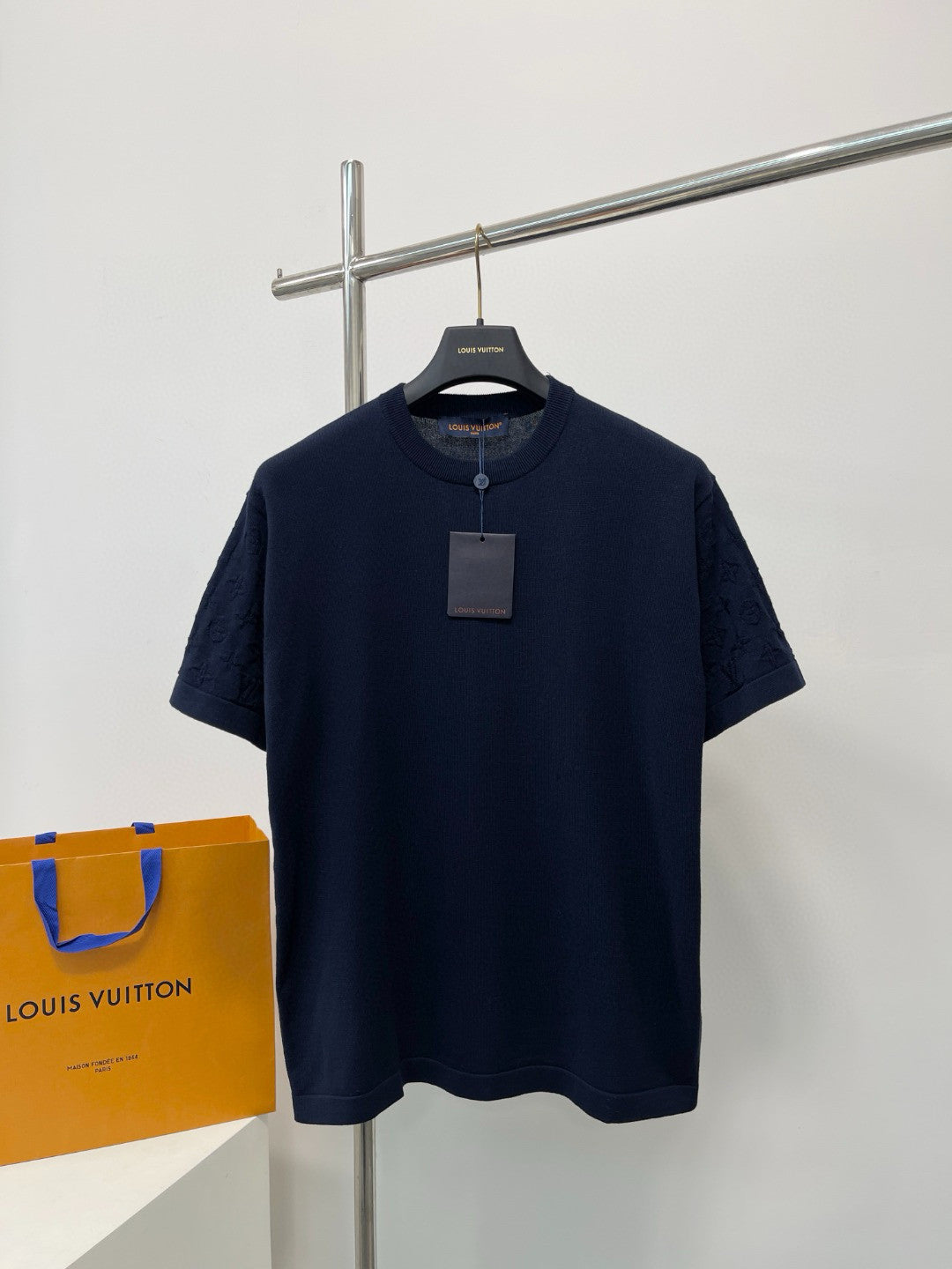 Men's Summer Letter Jacquard Pattern Navy Round Neck Cotton Short Sleeve T-Shirt #97886