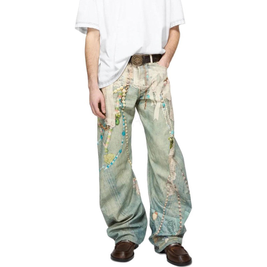 Men's Women's Four Seasons Lace Pearl Chain Printed Zipper Loose Low Waisted Denim Pants Wide Leg Machete Pants Ngvp #1938