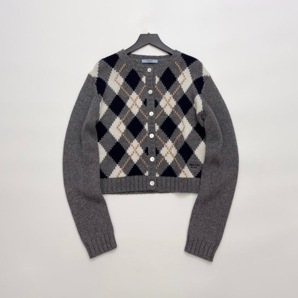 Women's Spring/Fall Round Neck Single-Button Diamond-Pattern Cashmere Knit Cardigan with Letter Embroidery Long Sleeve Cropped Cardigan #78839