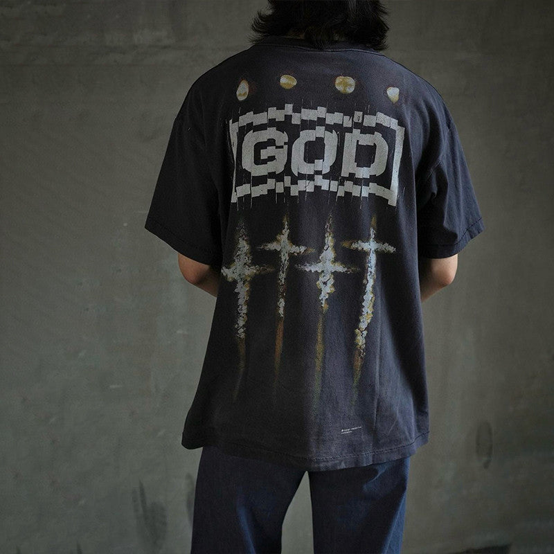 Saint Michael Men's Spring And Summer Solid Color Printing Letters Old Vintage T-shirt Casual Fashion Short Sleeve Ngvp #7835