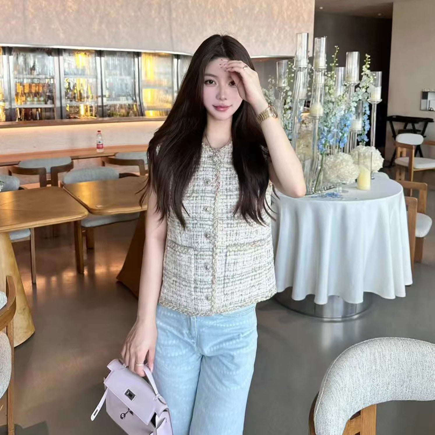 Mtiers D'art Collection Tweed Gold Thread Vest Women's Spring And Summer Short Sleeveless Undershirt Tops Fashionable And Elegant Trend Jacket Ngvp #2222