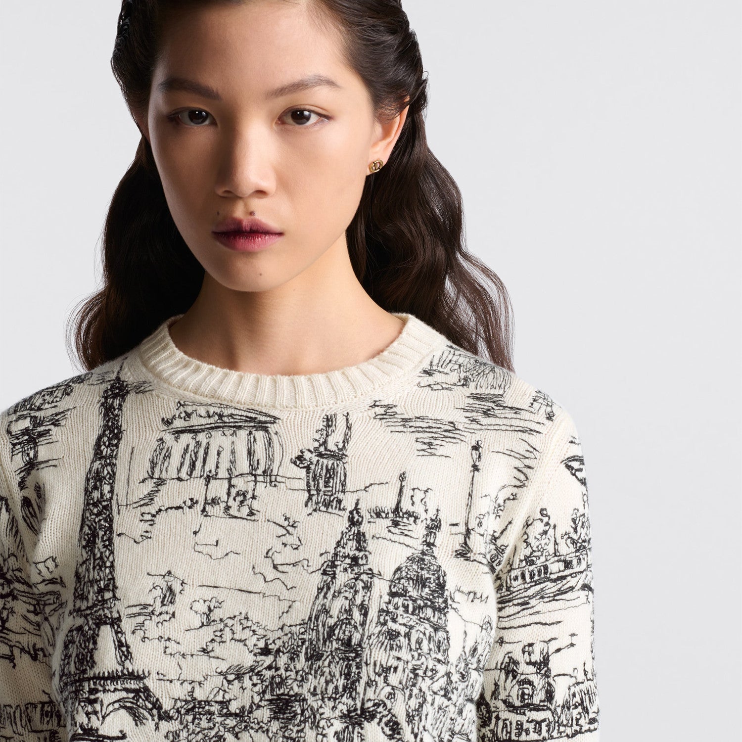 Women's Spring And Autumn Paris Lines Hand-painted Style Embroidered Wool Knit Crew Neck Sweater Ngvp #8733