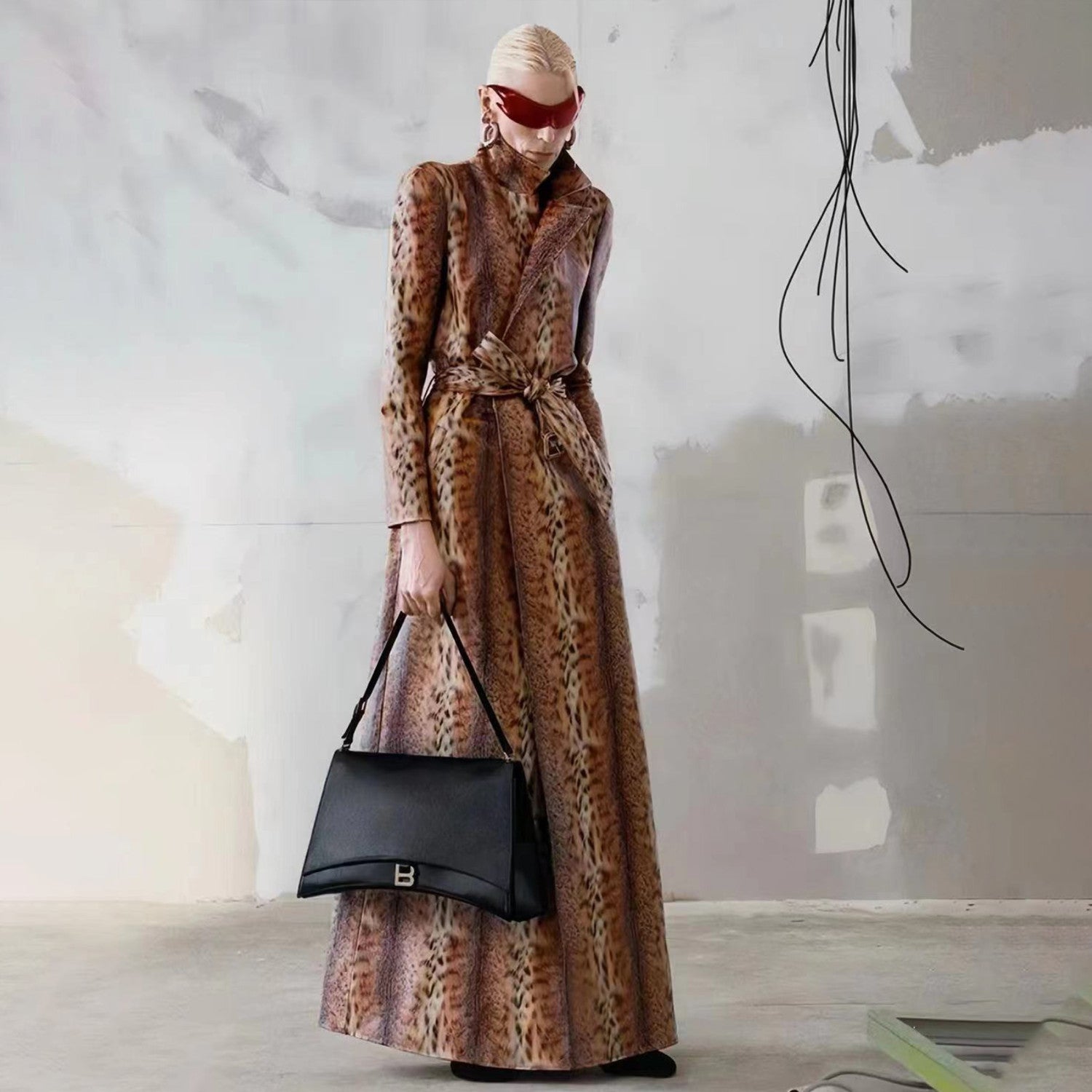 Women's Spring And Fall Fashion Temperament Leopard Print Sheepskin Long Trench Coat Lapel Belt Luxury Jacket Ngvp #8117