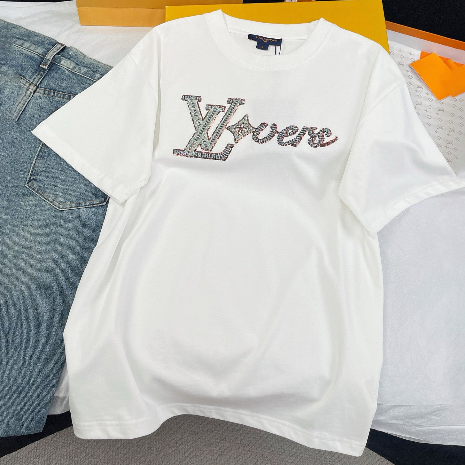 Men's Summer Logo Beaded Embroidery White Cotton Round Neck Short Sleeve T-Shirt #98378