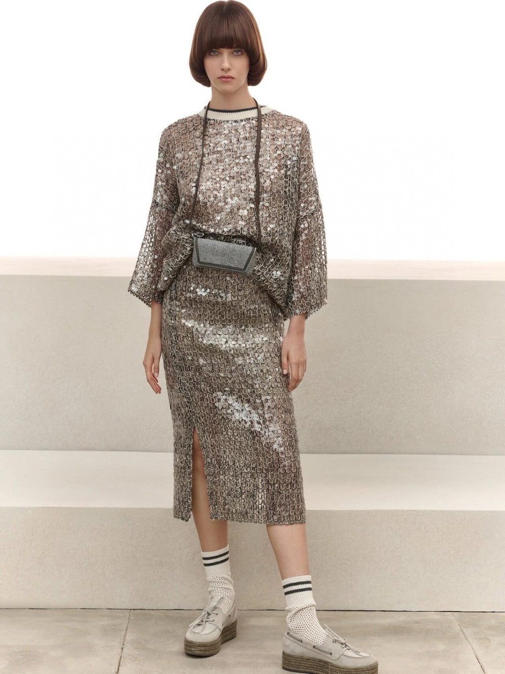 Women's Spring Summer Autumn Silver Sequins Mid-Length High Waist Fit Casual Half Skirt Ngvp #8952