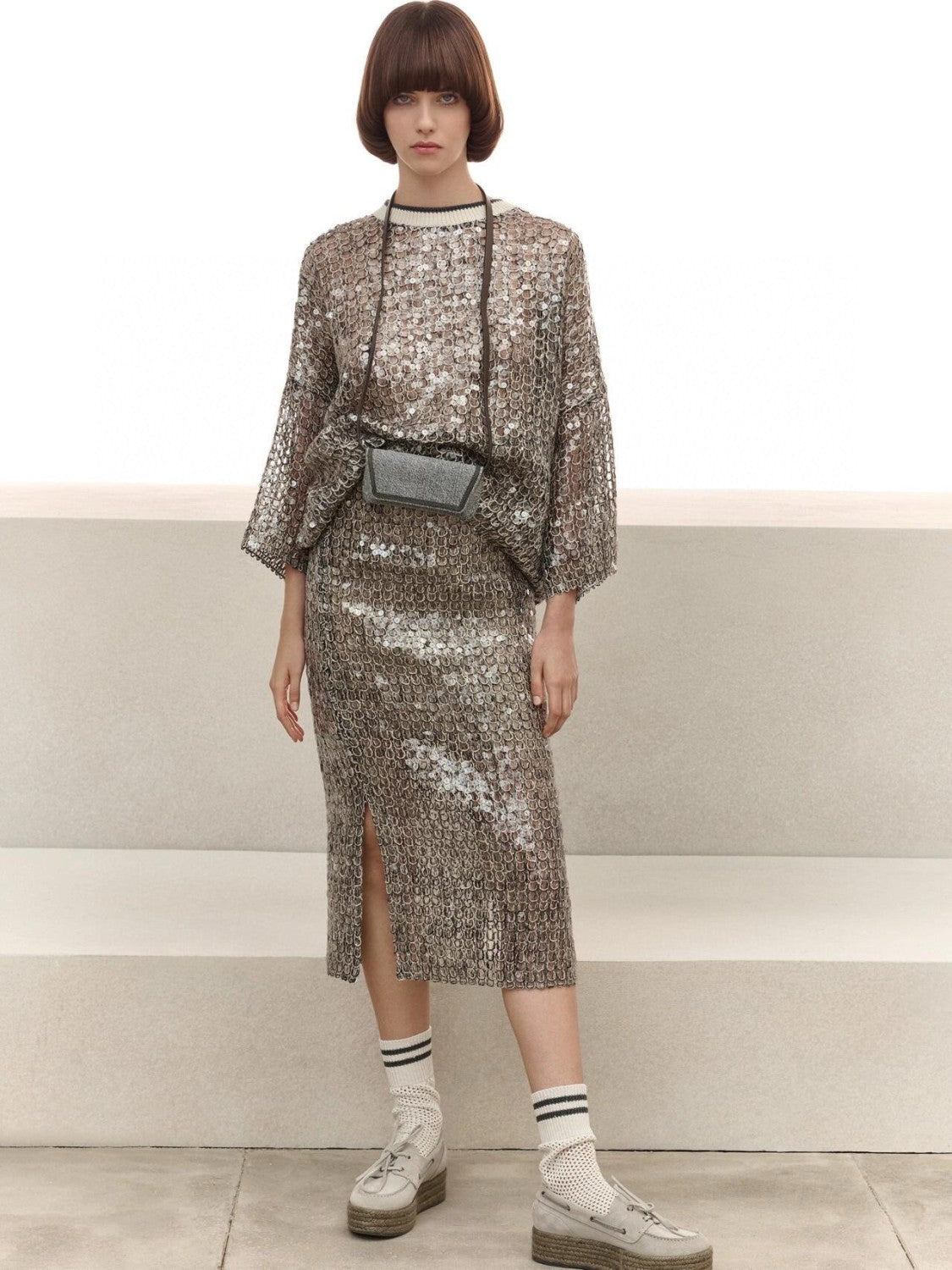 Women's Spring Summer Autumn Silver Sequins Mid-Length High Waist Fit Casual Half Skirt Ngvp #8952