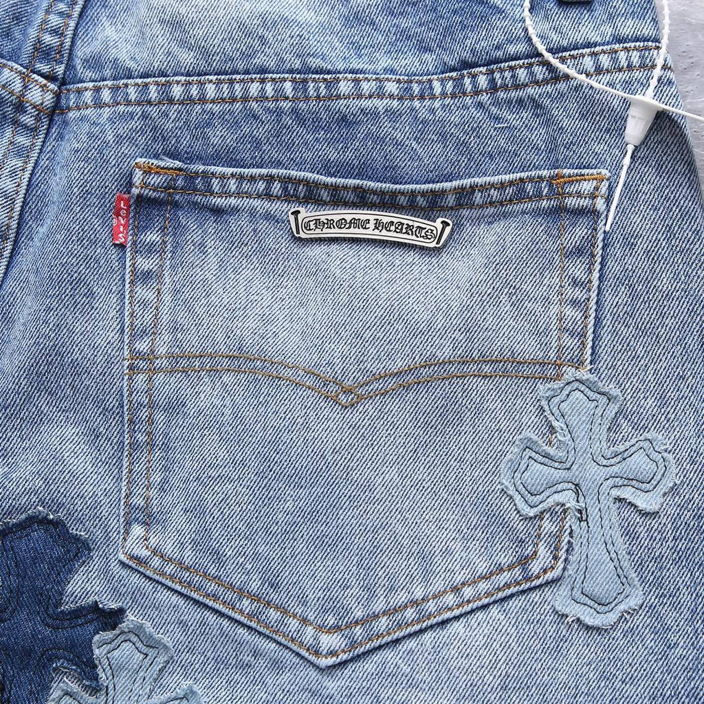 Men's Summer Cross Embroidered Straight Casual Solid Color Washed Denim Shorts #72326