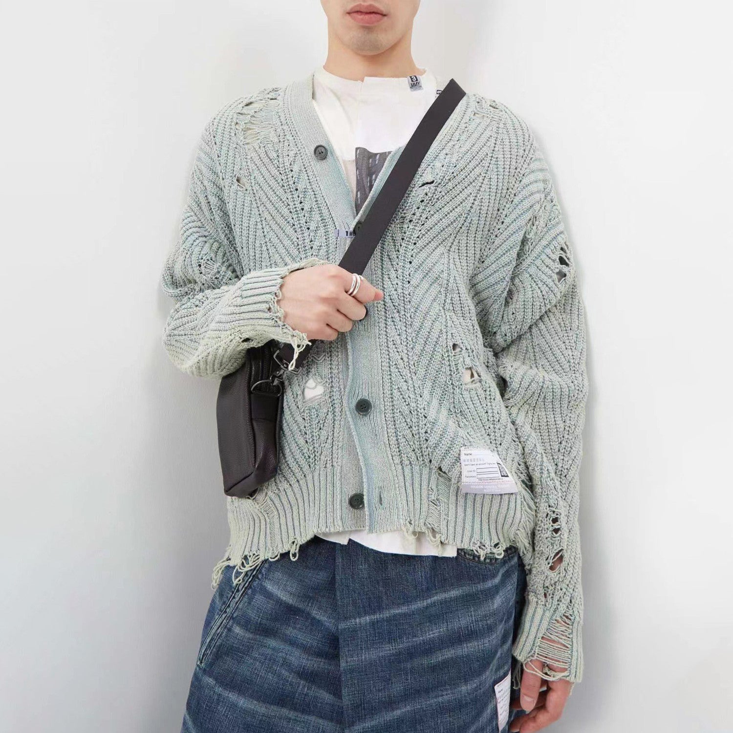 Maison Mihara Yasuhiro Men's Women's Autumn And Winter Retro Old High Street Hole Breaking Sweater Single Breasted V-neck Long Sleeve Knitted Cardigan Sweater Ngvp #8791