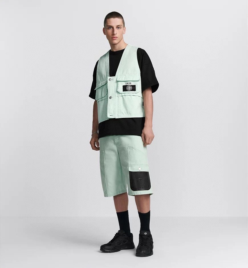 X Stone Island Men's Solid Color Letter Logo Patch V-Neck Single Breasted Cotton Vest Jacket #72812