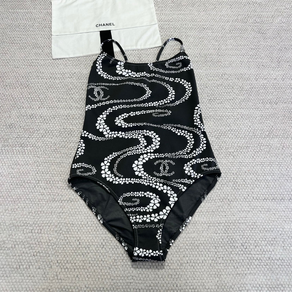 Women's Summer Black and White Printed Stretch Plain Knit One-Piece Swimsuit #77253
