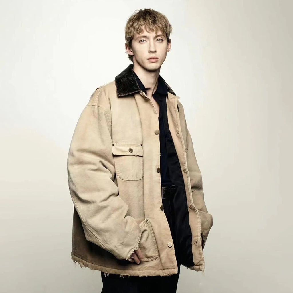 Women's Men's Vintage Gradient Fashion Canvas Cotton Jacket Single Breasted Leather Collar Casual Jacket Ngvp #8945