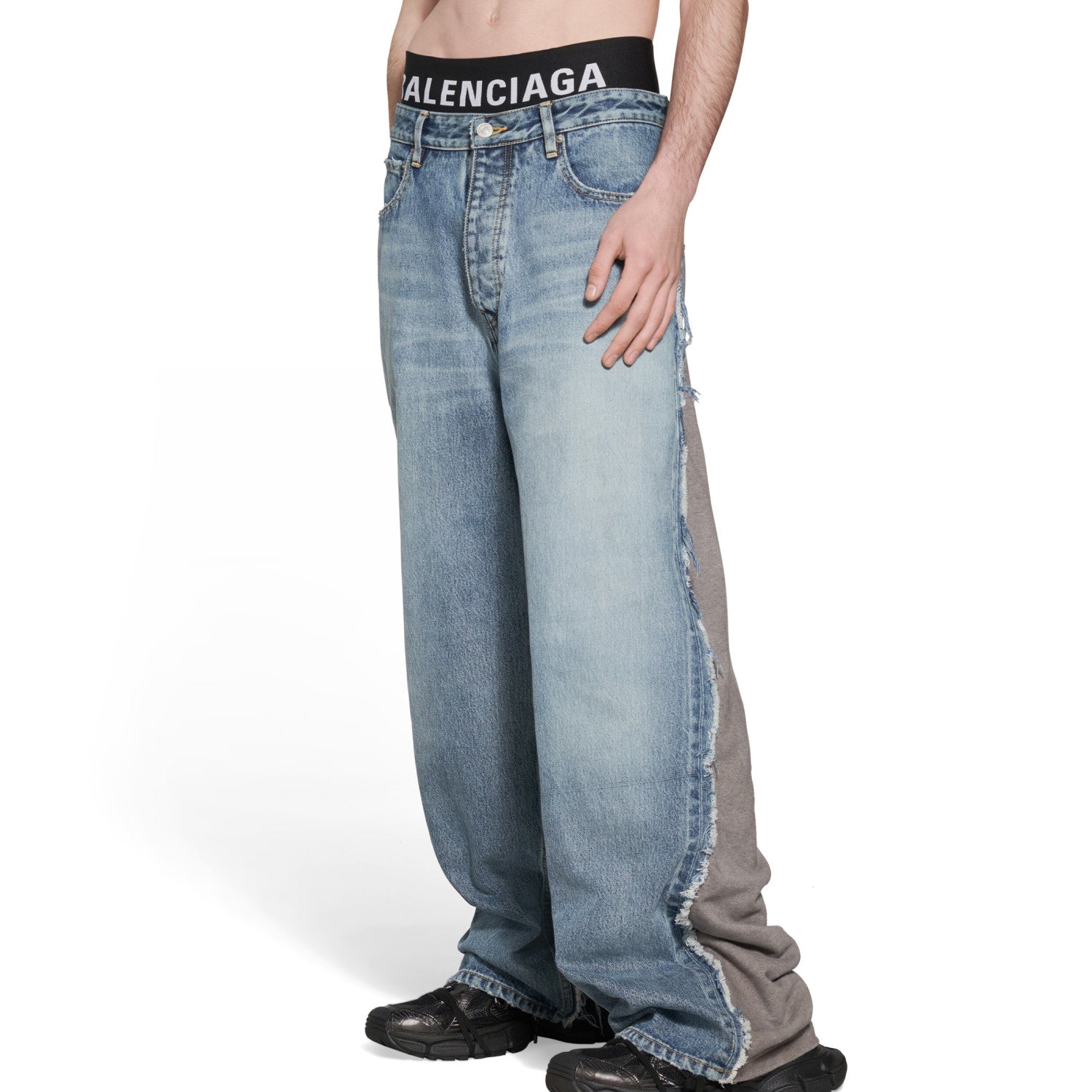 Men's Fashion Splicing Button Straight Washed Old Hybrid Baggy Blue Denim Pants Ngvp #6188