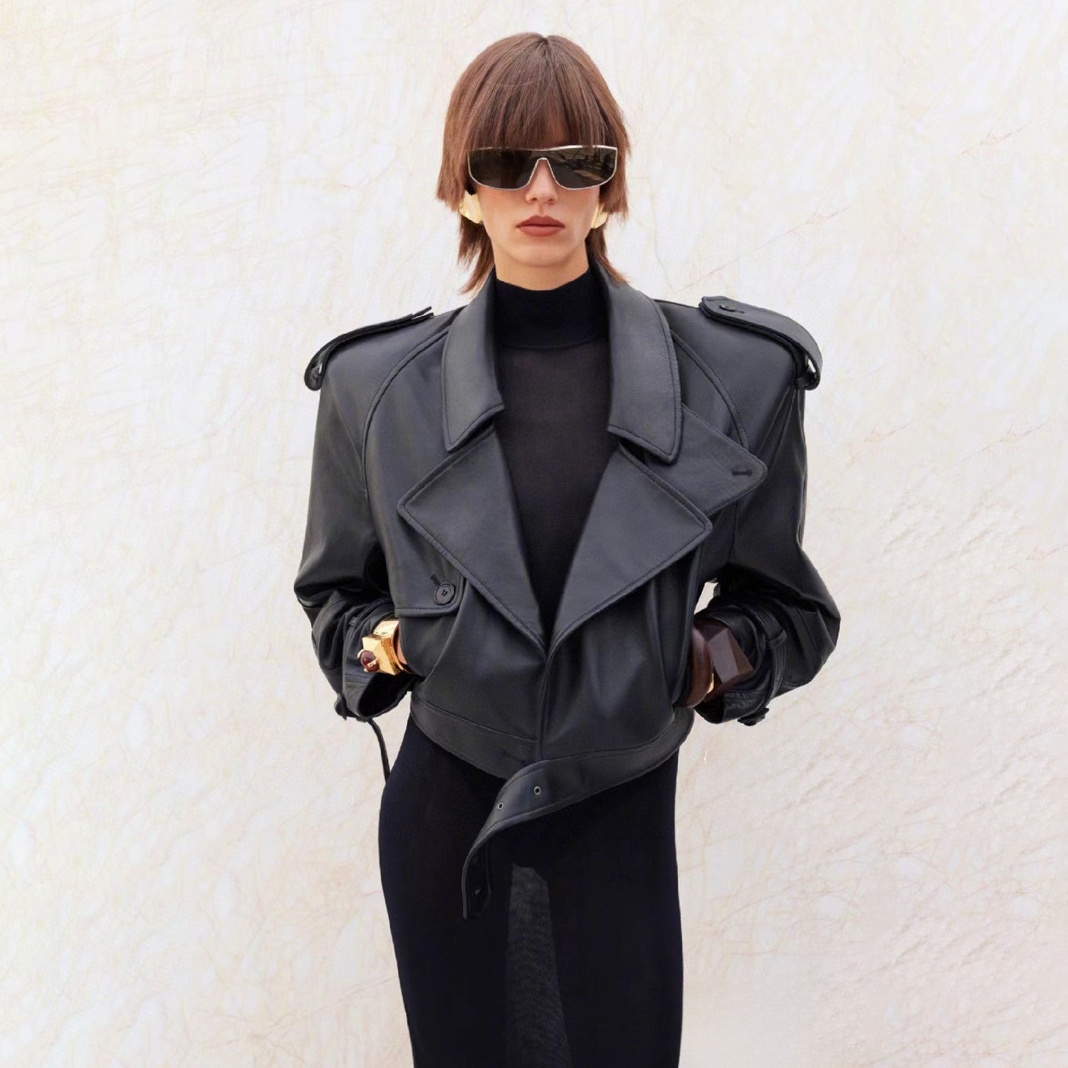 Women's Spring And Autumn Fashion High Street Sheepskin Lapel Short Leather Button Biker Leather Jacket Ngvp #8158