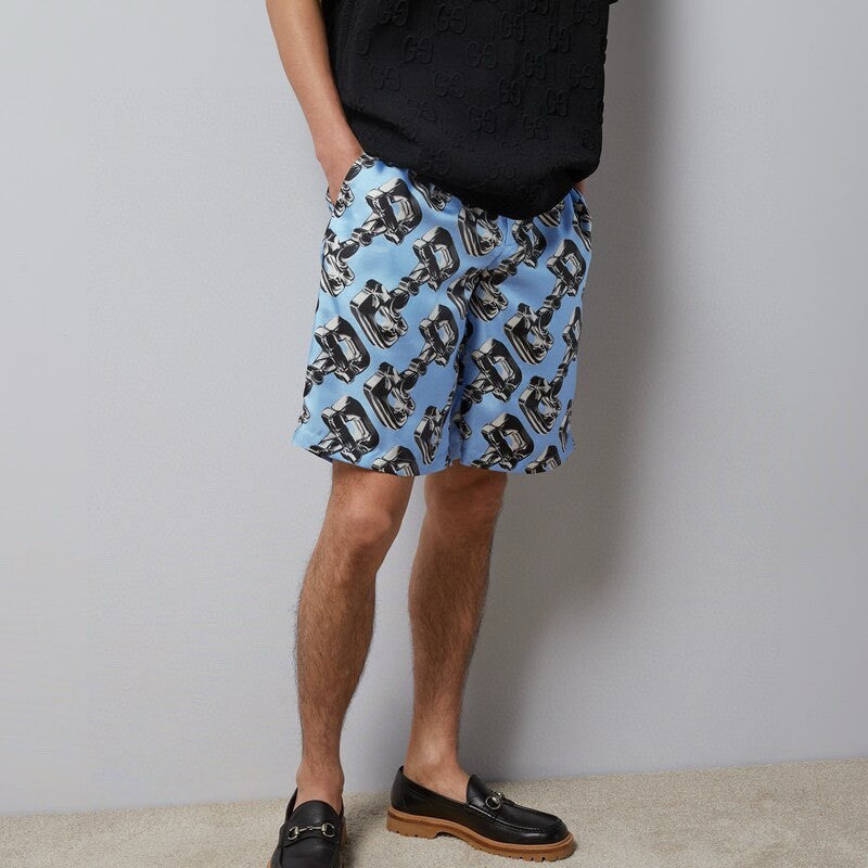 Men's Summer Glass Horsebit Printed Lapel Short Sleeve Shirt Shorts Set Suit #98783