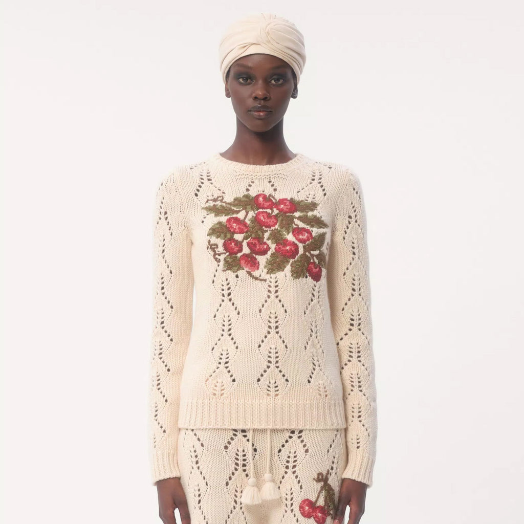 Women's Spring. Autumn And Winter Cherry Embroidery Round Neck Solid Color Fitted Long Sleeve Hollow Knit Wool Sweater Ngvp #9725