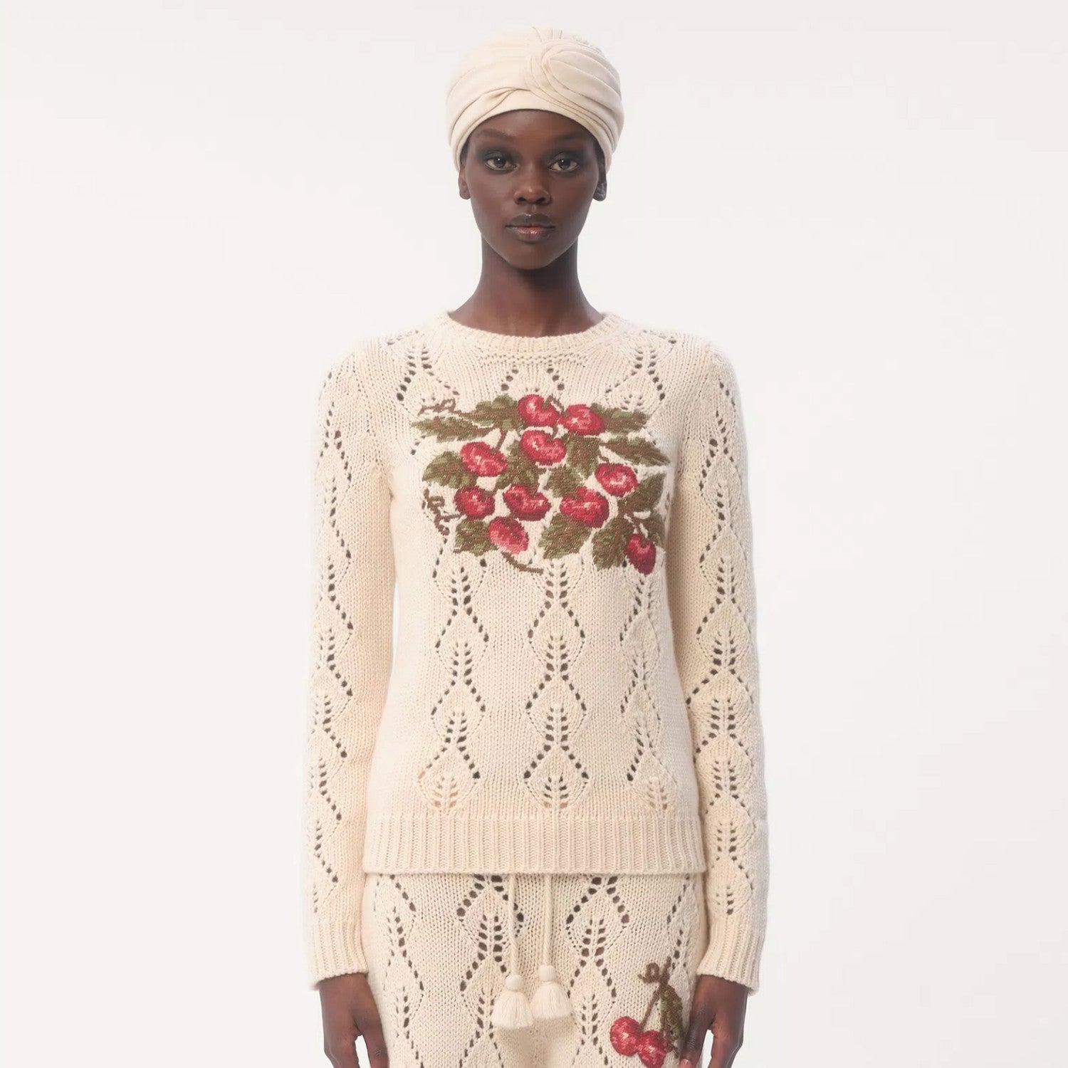 Women's Spring. Autumn And Winter Cherry Embroidery Round Neck Solid Color Fitted Long Sleeve Hollow Knit Wool Sweater Ngvp #9725