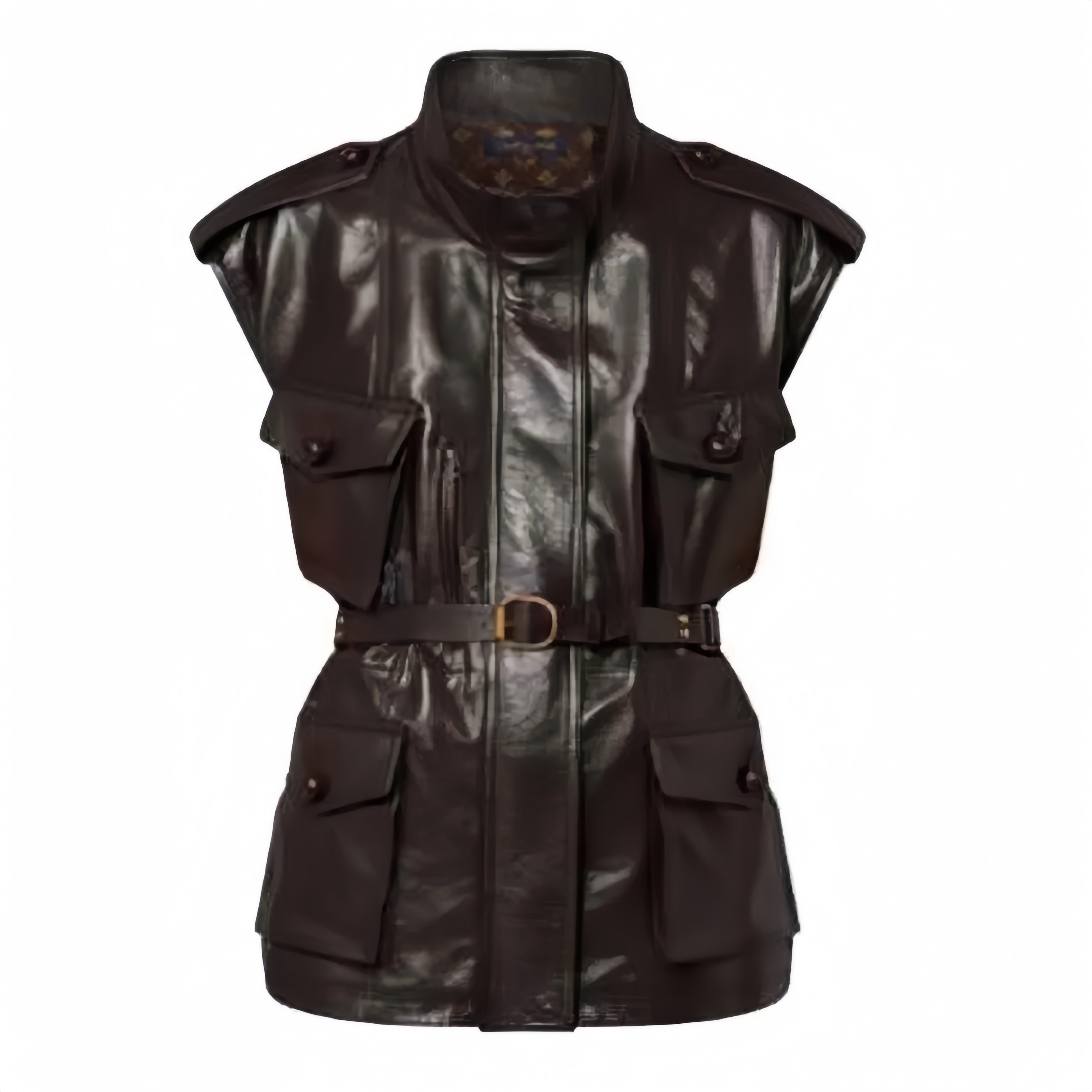 Women's Spring And Autumn Dark Curry Casual Loose Sleeveless Sheepskin Jacket Belt Lapel Vest Jacket Ngvp #8188